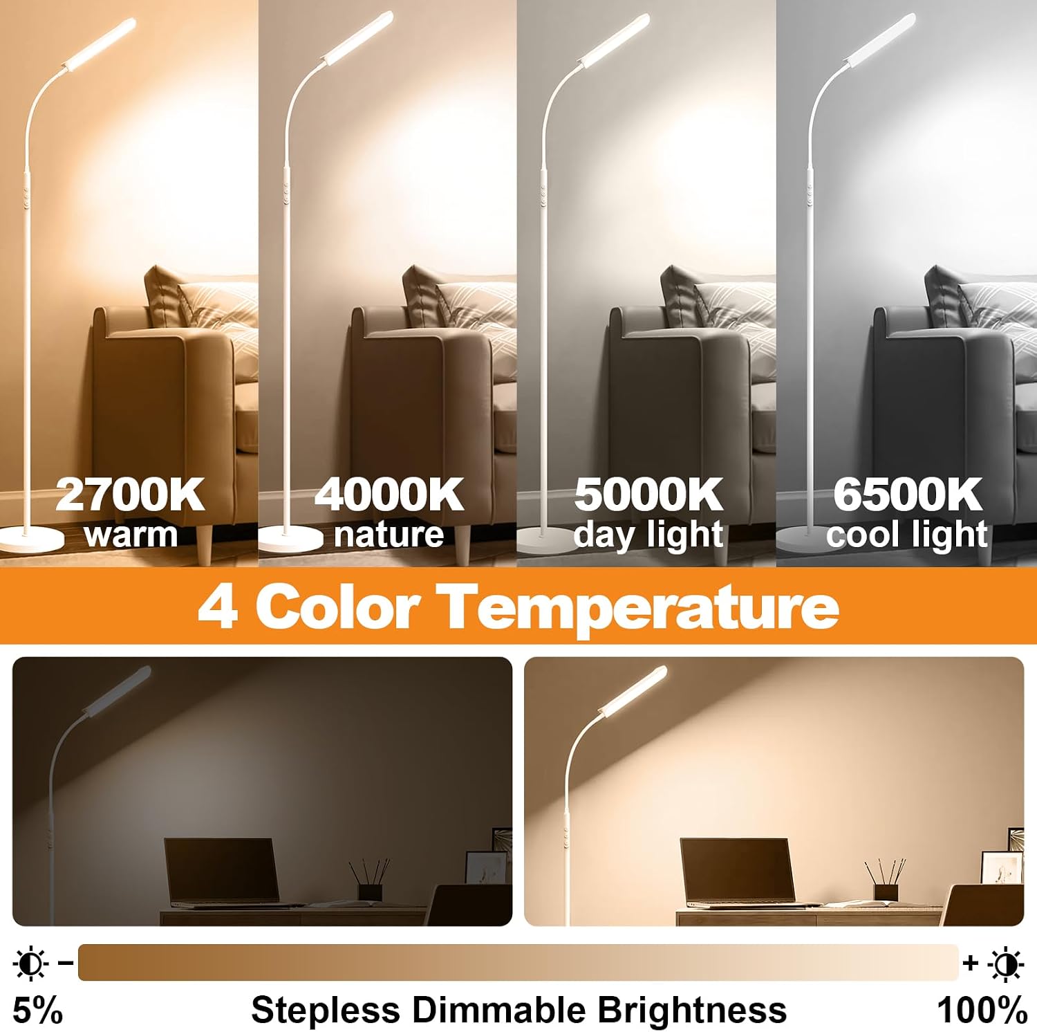Marctronic White Floor Lamp, 18W 1800LM Bright LED Floor Lamps for Living Room Bedroom, Dimmable Timing Eye Caring Reading Standing Lamp wi…