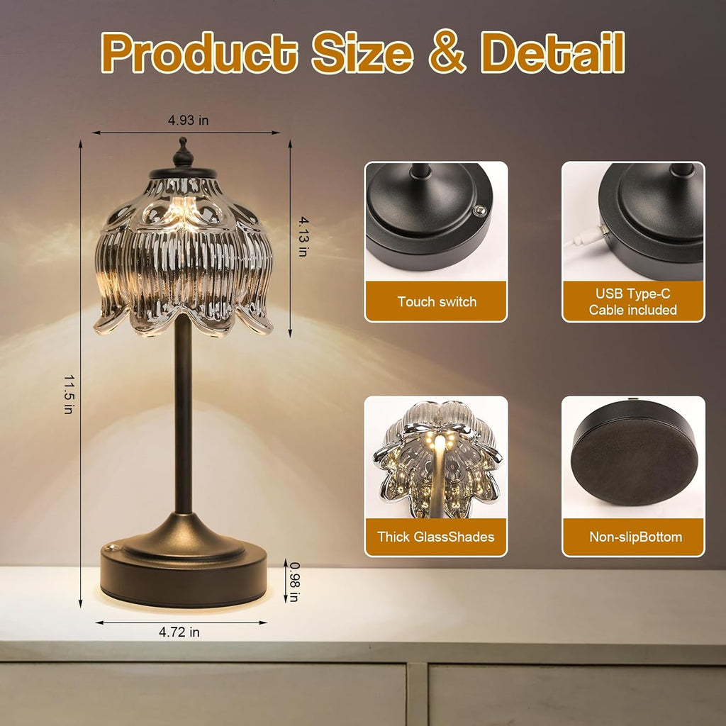 Cordless Lotus Flower Table Lamp, 5200mAh Rechargeable Battery Operated Portable Lamp, 3-Color Dimmable Touch Control Small Desk Lamp for…