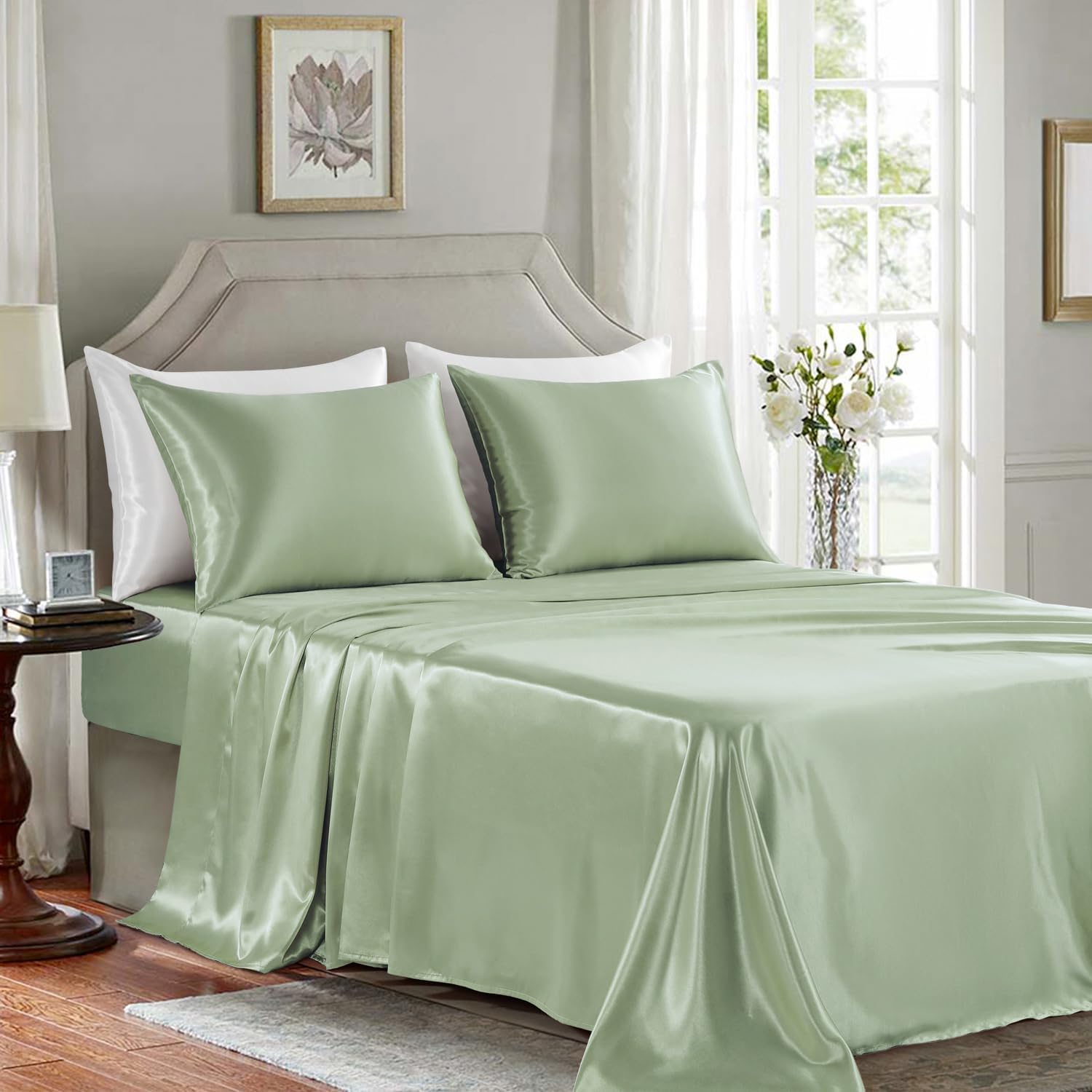 Golal Satin Sheets Queen Size - 4 Pieces Luxury Silky Soft Bed Sheets, Wrinkle-Free Sage Green Satin Silk Sheet Set with 1 Deep Pocket Fitt…