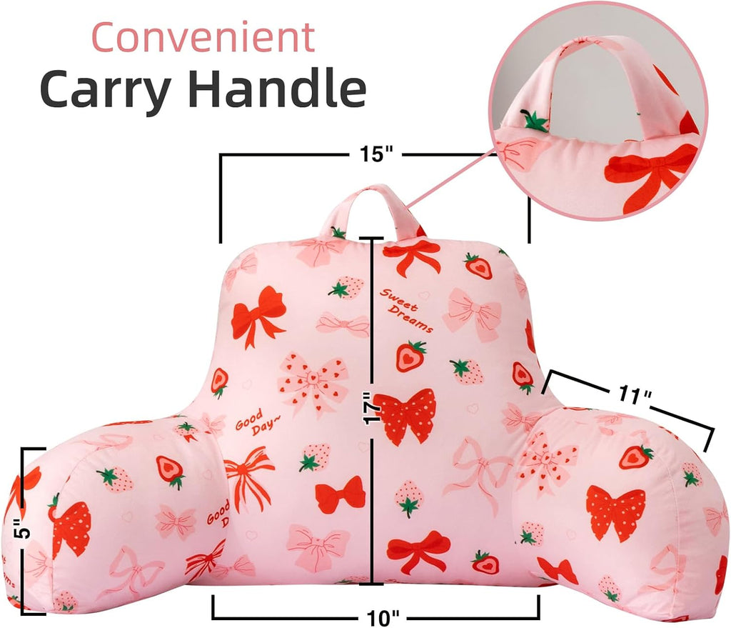 Holawakaka Kids Backrest Reading Pillow with Arms, Strawberry Bowknot Print Plush Bed Rest Pillows for Girls Teens Sitting in Bed, Sofa…