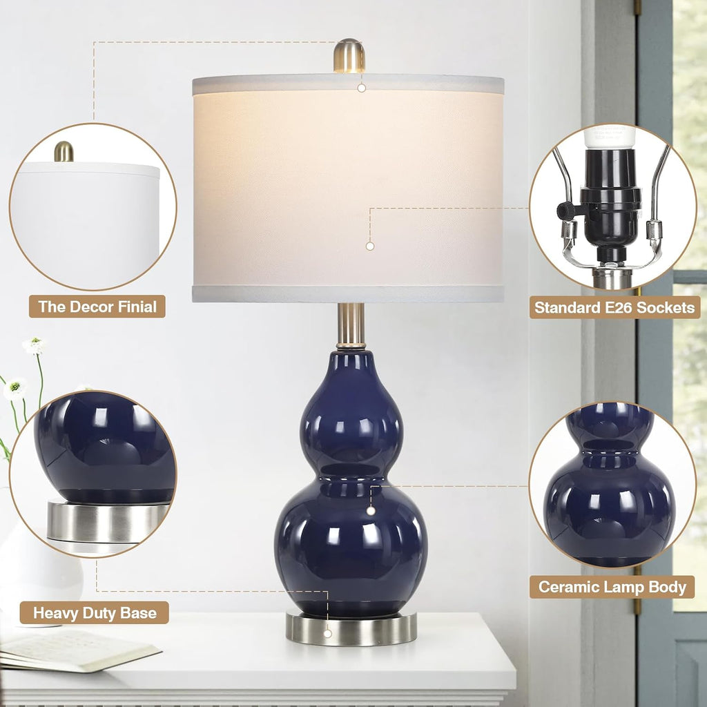 Rinweey Double Gourd Ceramic Table Lamps Set of 2, Modern Navy Blue Bedside Lamps for Night Stand, Contemporary Nightstand Lamps for…