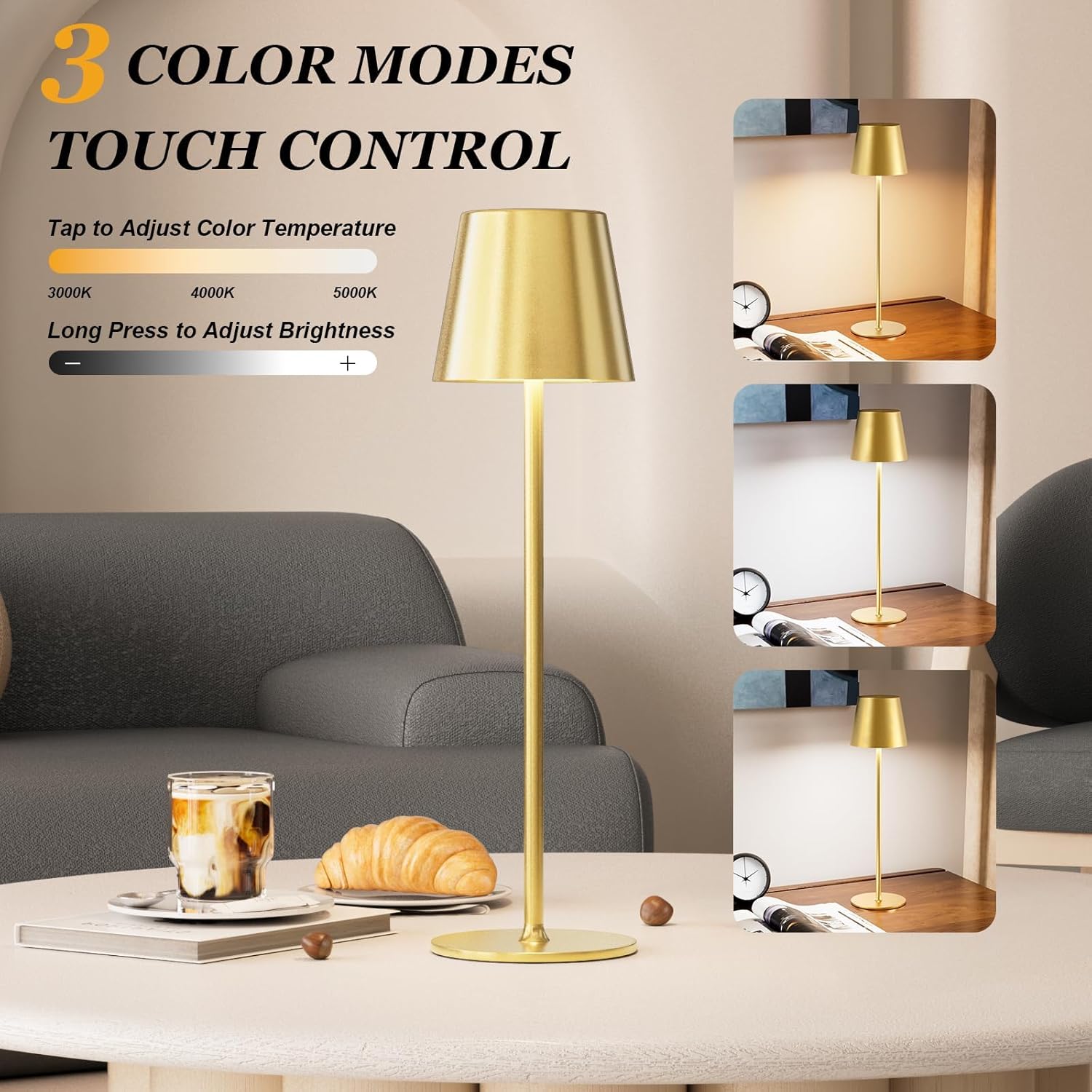 Kakanuo 20" Cordless Table Lamp Rechargeable Gold - 2 Pack 5000mAH Battery Operated Lamp for Counter, 3 Color Stepless Dimming Wireless…