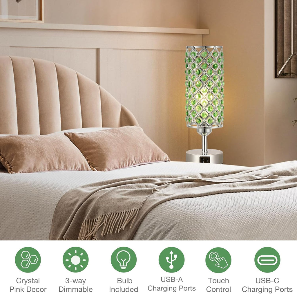 Hong-in Green Crystal Table Lamp - 3-Way Dimmable Touch Control, Bedside Lamp with USB C and A Ports, Nightstand Light for Living Room…