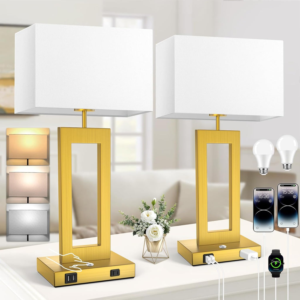 22’’ Touch Control Table Lamps Set of 2, 3 Color Temperatures Bedroom Bedside Lamps, Modern Gold Dimmable Lamps with USB Ports & AC…