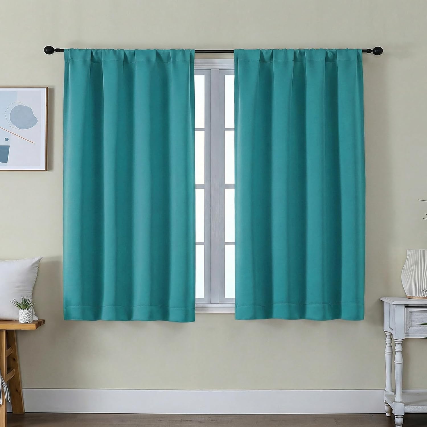 Simplebrand Ava Teal Short Blackout Curtains for Bedroom 45 Inches Long 2 Panels Set, Solid Thermal Insulated, Energy Saving Window Treatme…
