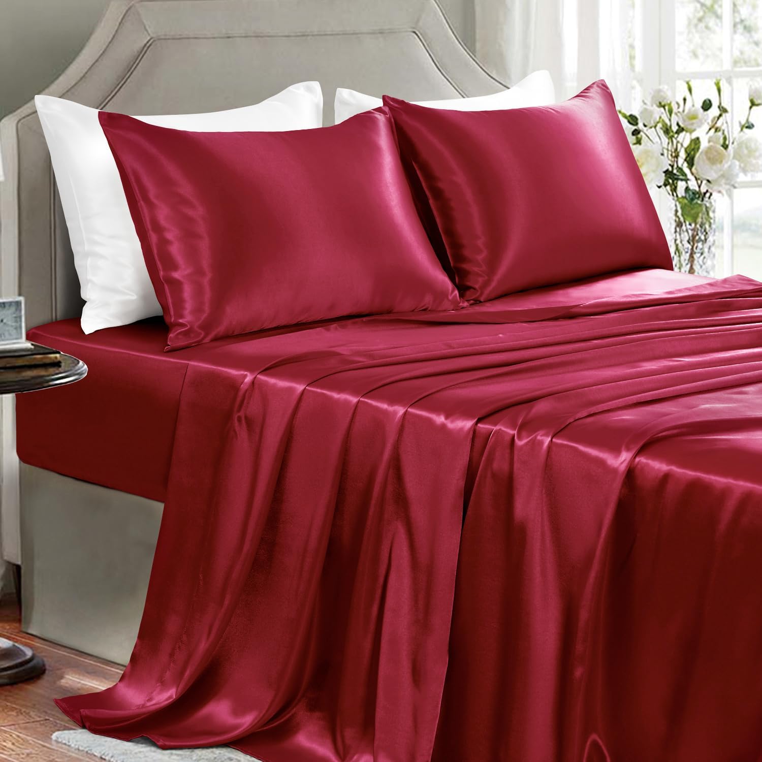 Golal Satin Sheets King Size - 4 Pieces Luxury Silky Soft Bed Sheets, Wrinkle-Free Burgundy Satin Silk Sheet Set with 1 Deep Pocket Fitted…
