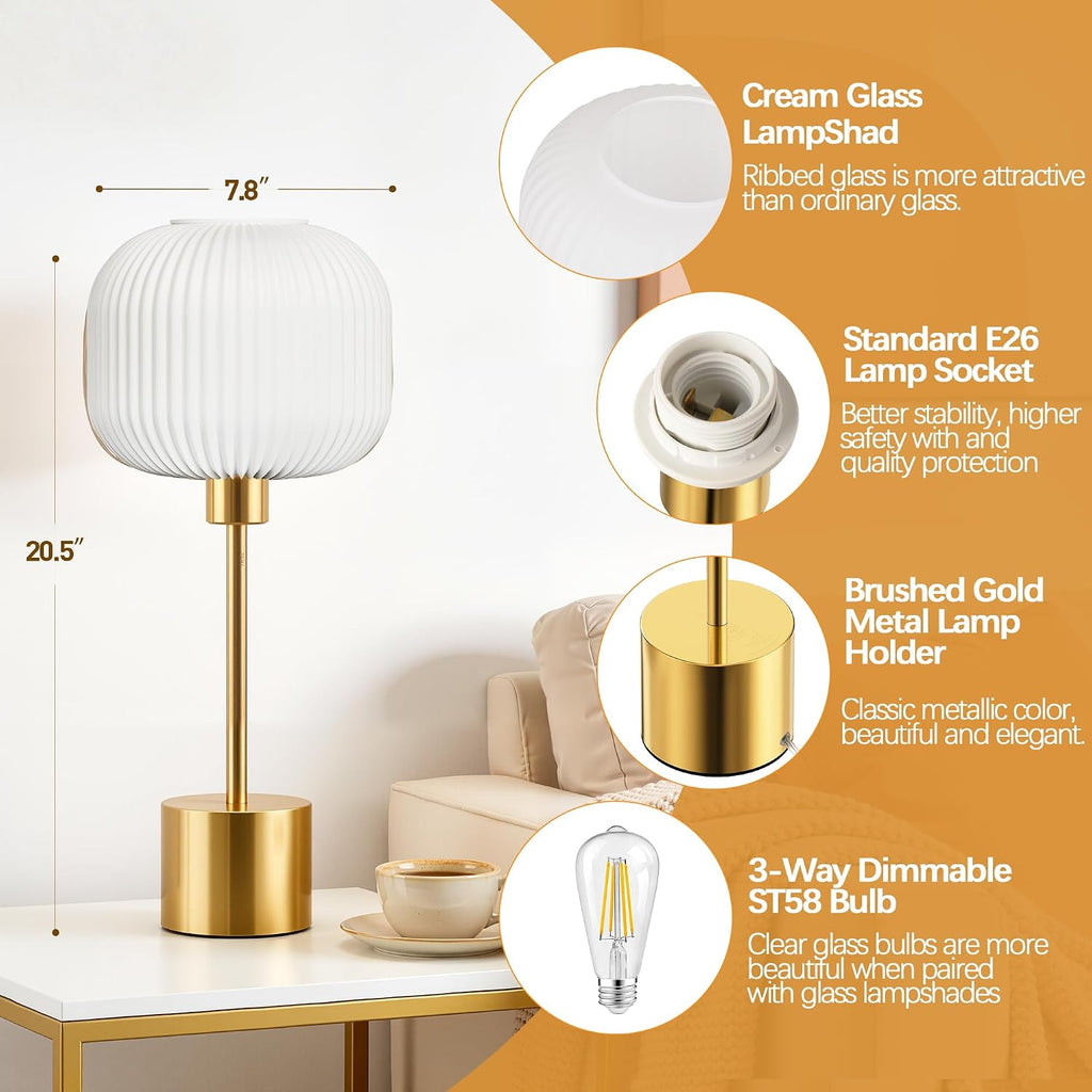 QiMH Glass Table Lamp for Living Room, Modern Bedside Lamp with Gream Ribbed Glass Shade, 3-Way Dimmable Touch Control Nightstand Lamp…