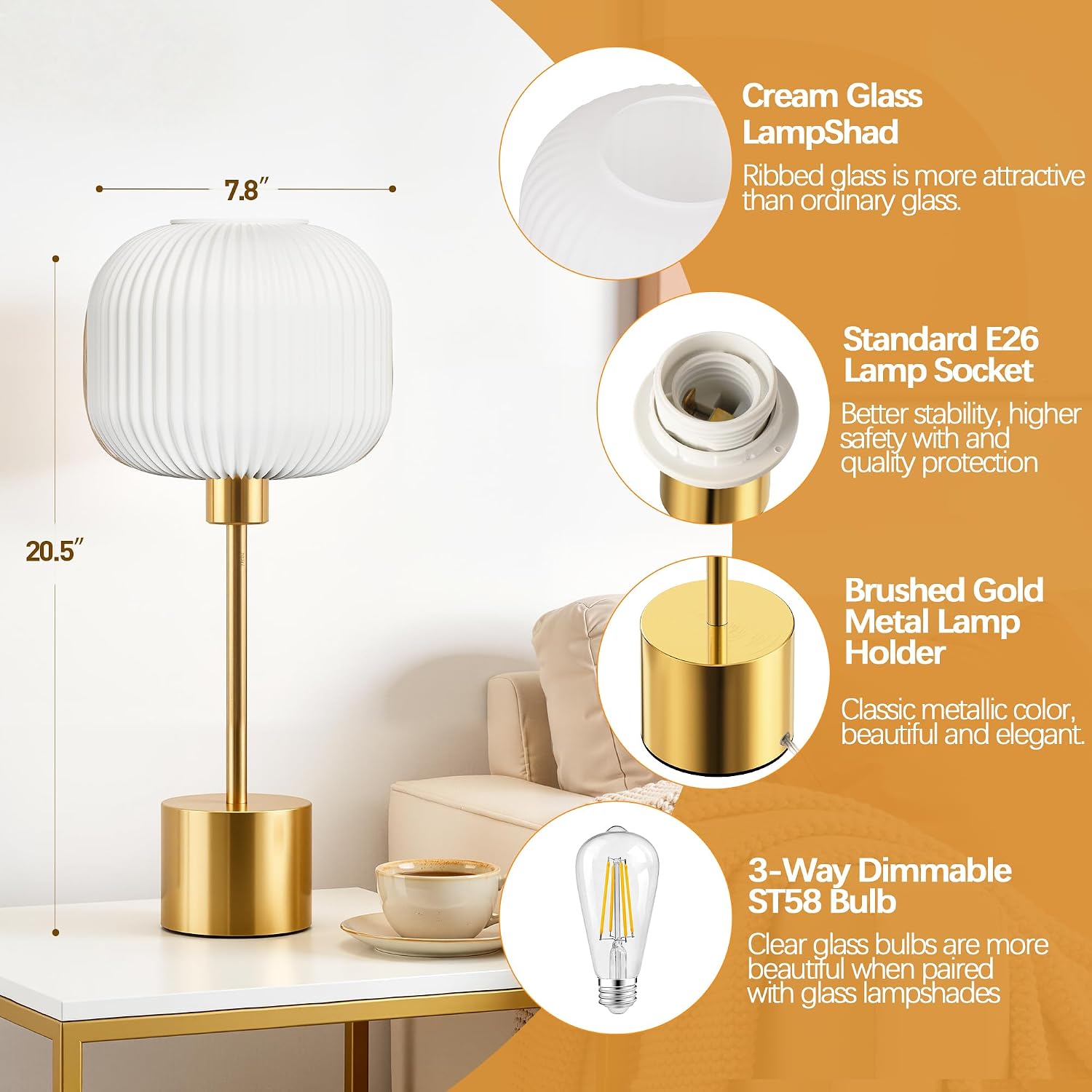 QiMH Glass Table Lamp for Living Room, Modern Bedside Lamp with Gream Ribbed Glass Shade, 3-Way Dimmable Touch Control Nightstand Lamp…