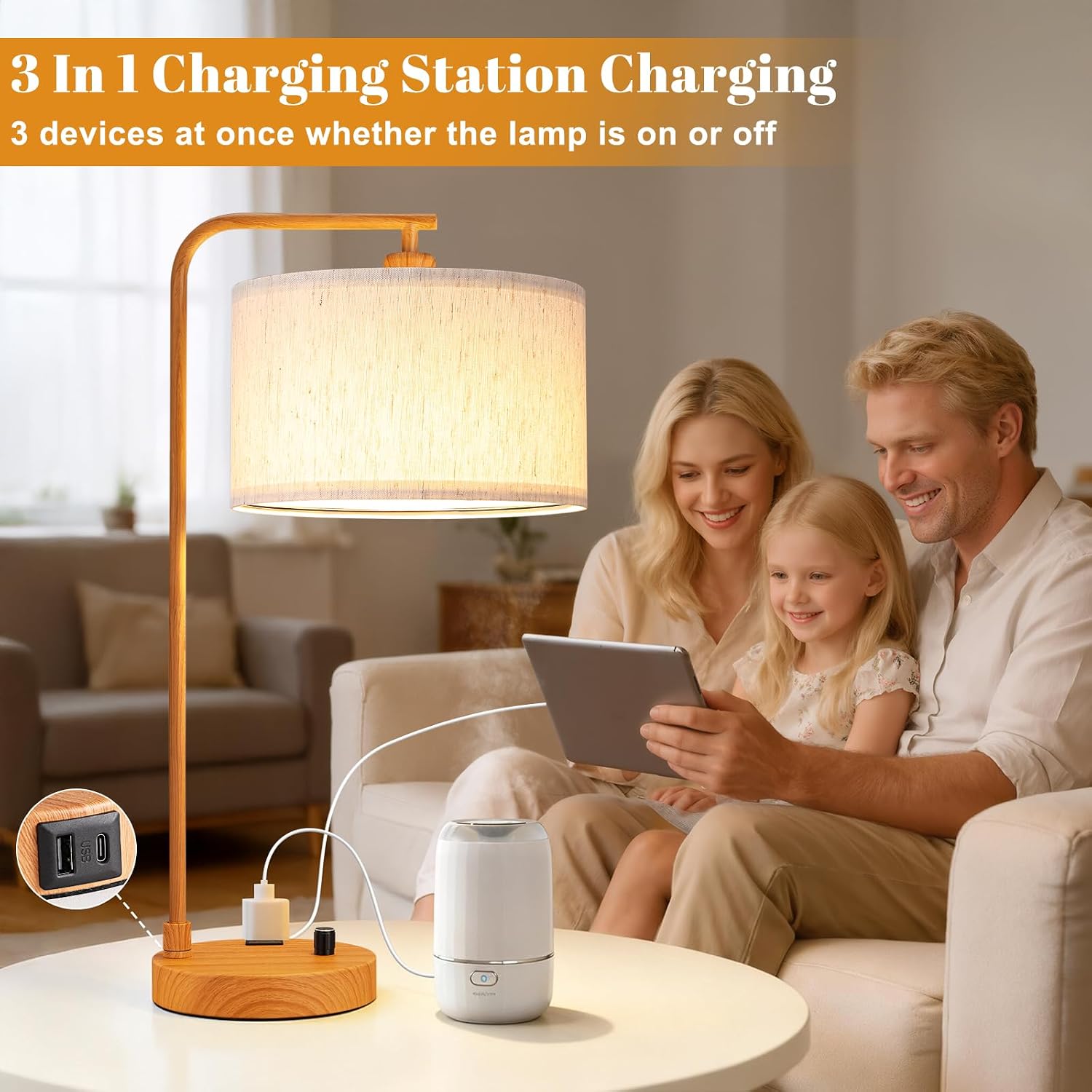 Innqoo Bedside Table Lamps for Bedroom Set of 2-Dimmable Nightstand Lamps with USB Port and Outlet, Modern Wood Lamps with Linen…