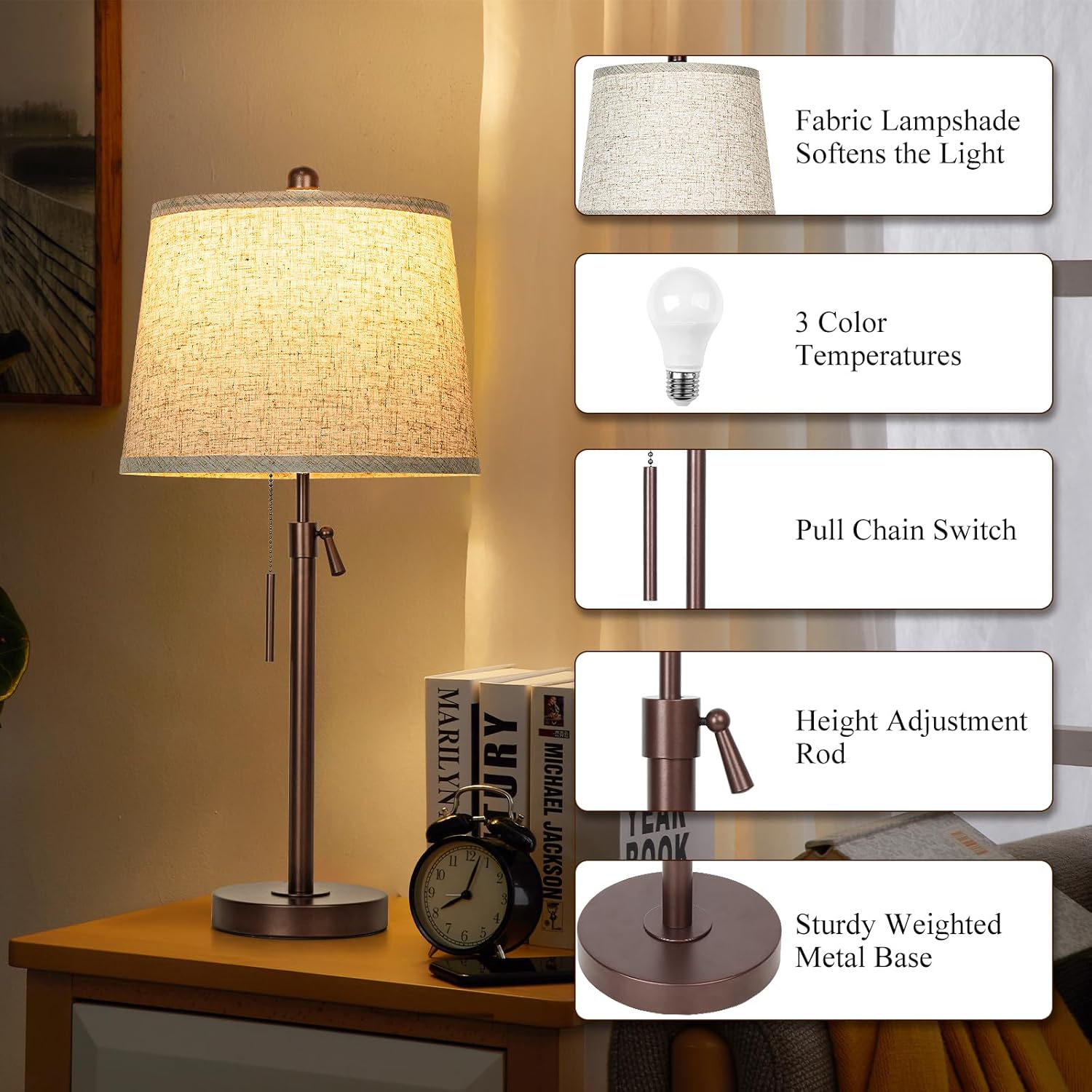 Table Lamps Set of 2, 22" to 30"Adjustable Height Bedside Lamps for Living Room 3 Color Temperatures Tall Nightstand Lamps Modern Brown…