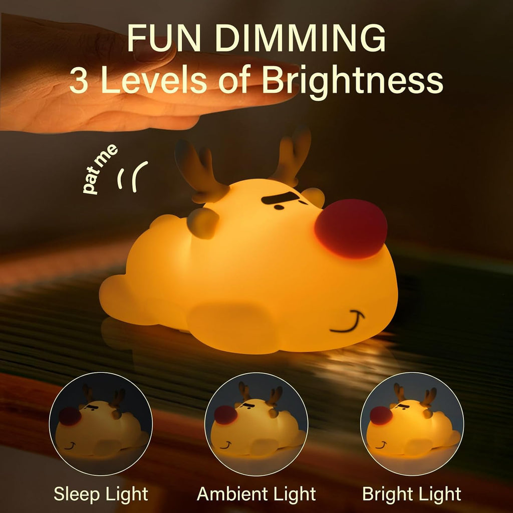 Reindeer Night Light, Soft Squishy Silicone Kids Nightlight, 3 Level Dimmable Touch Lamp with Timer, 1200mAh USB Rechargeable Baby…