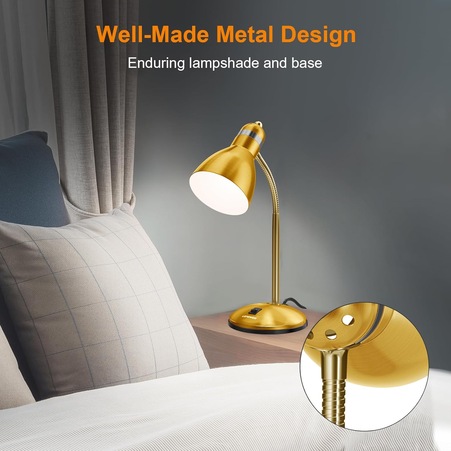 LEPOWER Metal Desk Lamp, Adjustable Goose Neck Table Lamp, Eye-Caring Study Desk Lamps for Bedroom, Study Room and Office (Gold)