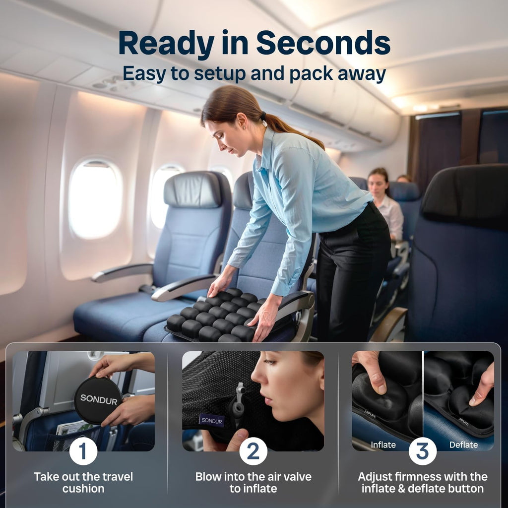 SondurTM Travel Cushion – CloudAir Technology Airplane Seat Cushion – Inflatable Travel Cushion for Long Flights – Portable Air Cell…