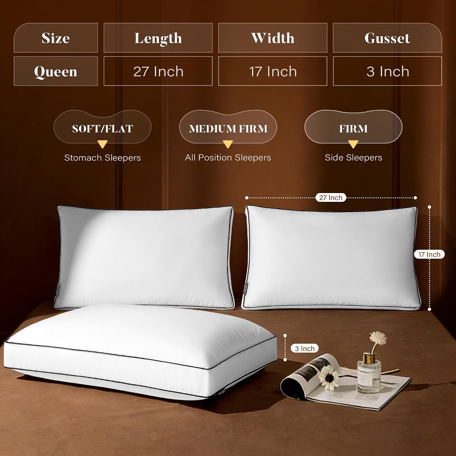 Goose Feather Down Pillows Queen Size Set of 2, Down Surrounded Hotel Collection Bed Pillow for Sleeping with Gusset, 2 Pack, Fluffy…