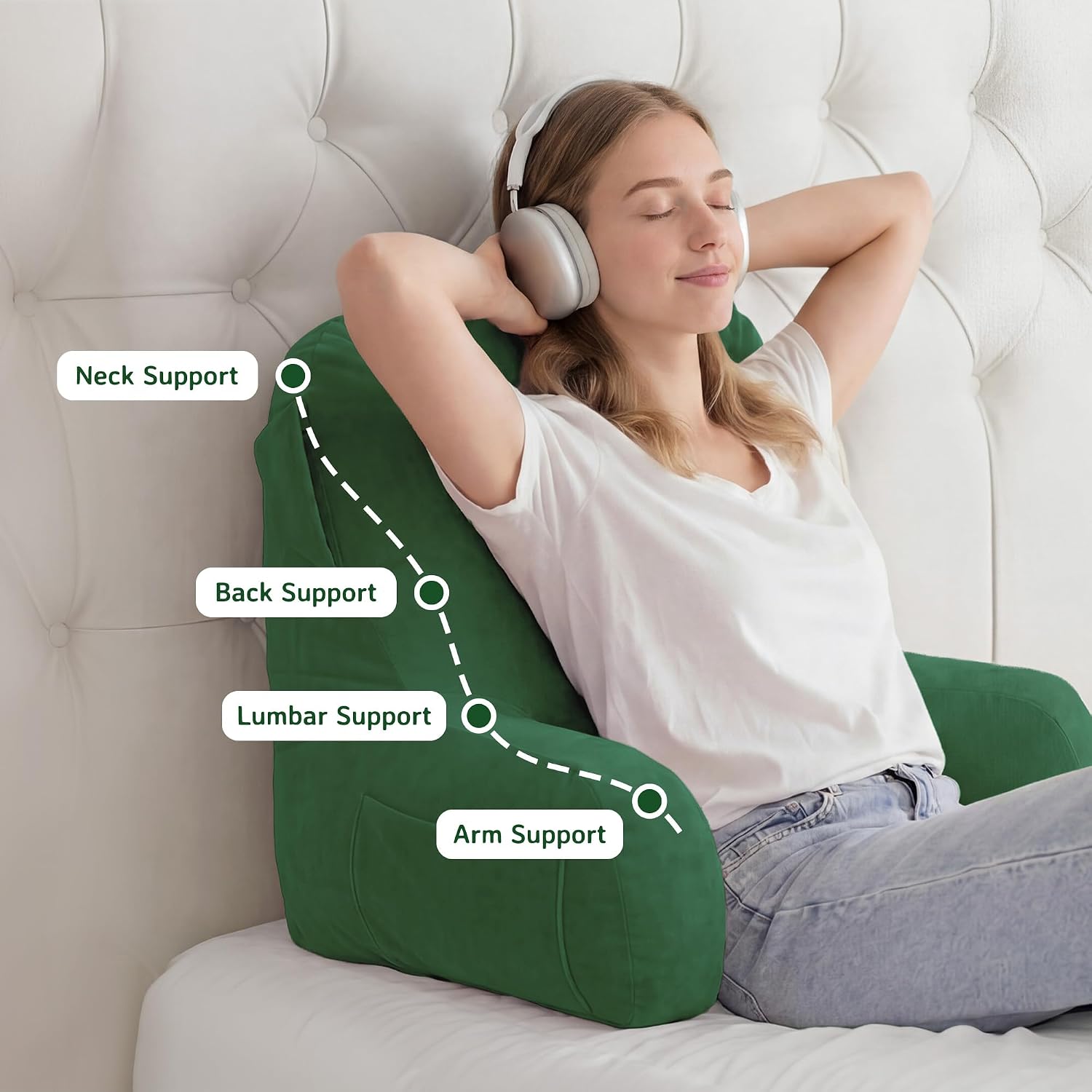 Unisakey Portable Comfy Reading Pillows for Bed Sitting Up(Green Oeko-Tex), Velvet Back Pillow with Arms & Pockets for Adults, Support…