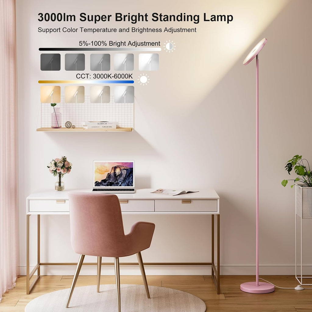 Sunmory Soft Pink Torchiere Floor Lamp for Bedroom and Office – Elegant Standing Lamp with Modern Design, Perfect for Ambient Lighting in L…