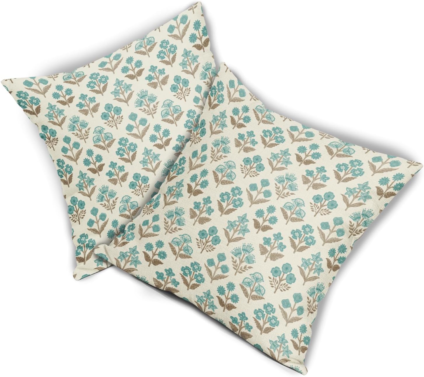 Brown Cyan Floral Pillow Covers 22x22 Inch Set of 2, Vintage Flower Block Print Pattern Decorative Throw Pillowcases Outdoor Farmhouse…