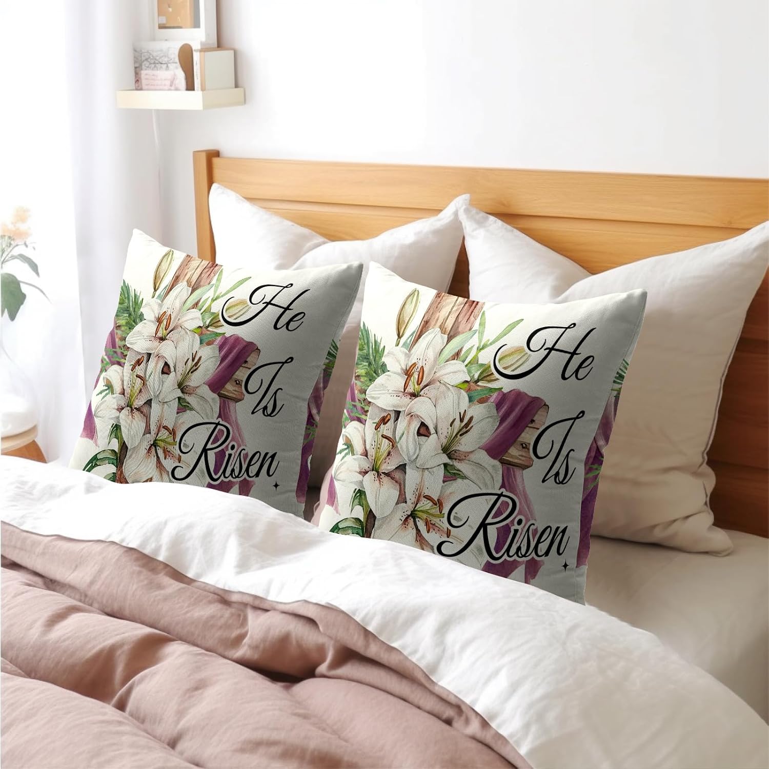 Easter Throw Pillow Covers 18x18 Inch Set of 2 He is Risen Cushion Case Spring Lily Flower Cotton Linen Square Pillowcases Happy Easter…