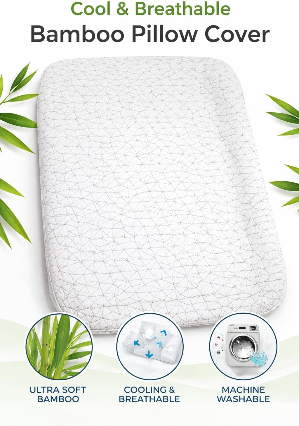 eluralux Quilted Bamboo Pillow Cover Collection – Cooling Pillow Protector with Zipper – Soft, Breathable & Washable Fabric (White,…