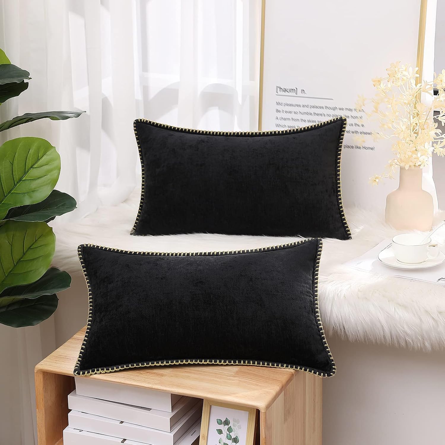 decorUhome Chenille Soft Cozy Throw Pillow Covers 12x20 Set of 2, Modern Farmhouse Boho Velvet Decorative Pillow Cases with Stitched Edge f…