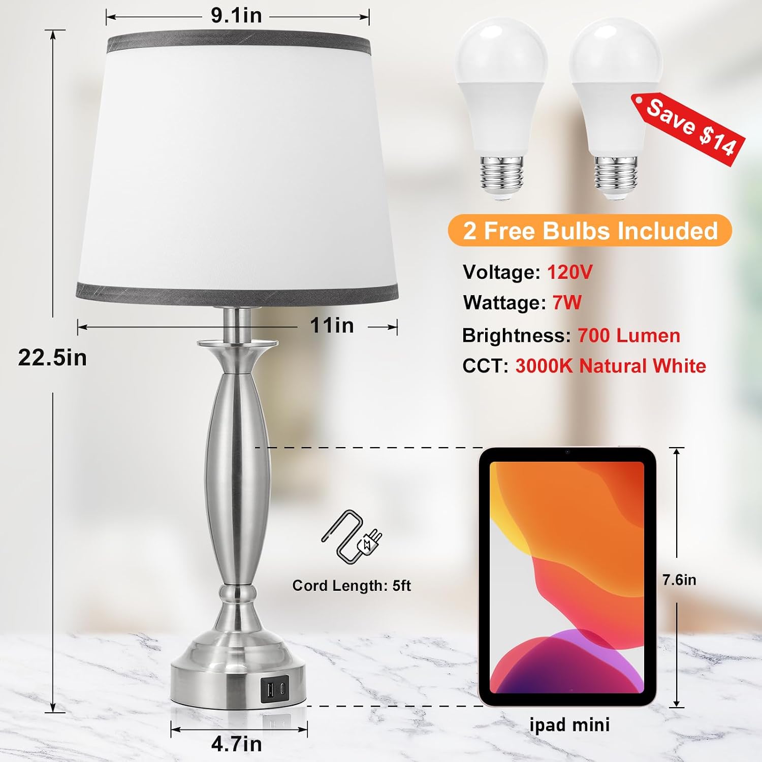 Seealle Touch Bedside Lamps for Nightstand Set of 2 - Bedroom Lamps with USB C+A, 3 Way Dimmable Nightstand Lamps, Brushed Nickel Table…