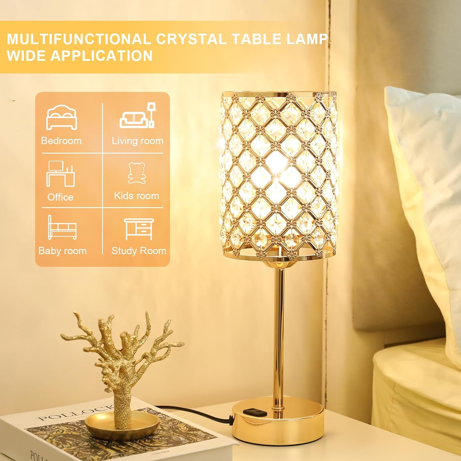 Touch Control Crystal Table Lamp-Dimmable Nightstand Lamp with USB-C+A & AC Charging Ports, 3-Way USB Gold Lamp, Bedside Desk Light for…