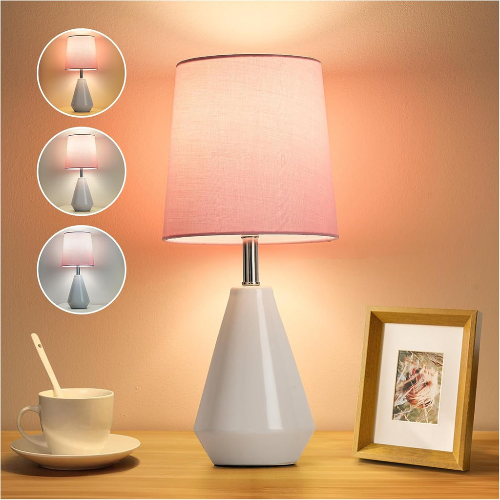 Small Bedside Table Lamp for Bedroom - Reading Desk Lamp with 3 Color Temperatures,15.5" Nightstand Ceramic Lamp with Fabric Shade for…
