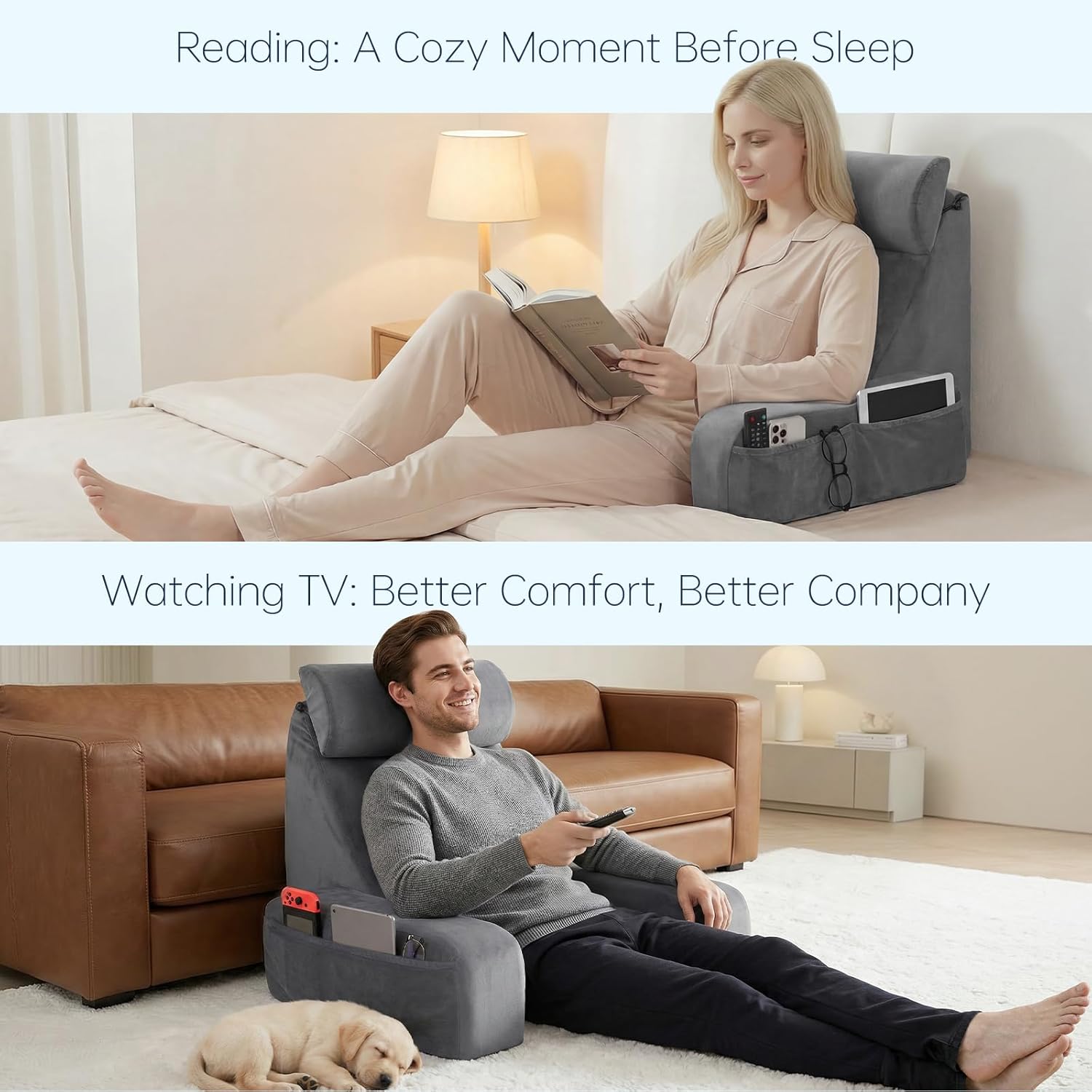 ENITYA 19" Back Support Pillow, Reading Pillow with Attached Arms & Large Pockets, Removable Washable Cover, Wedge for…