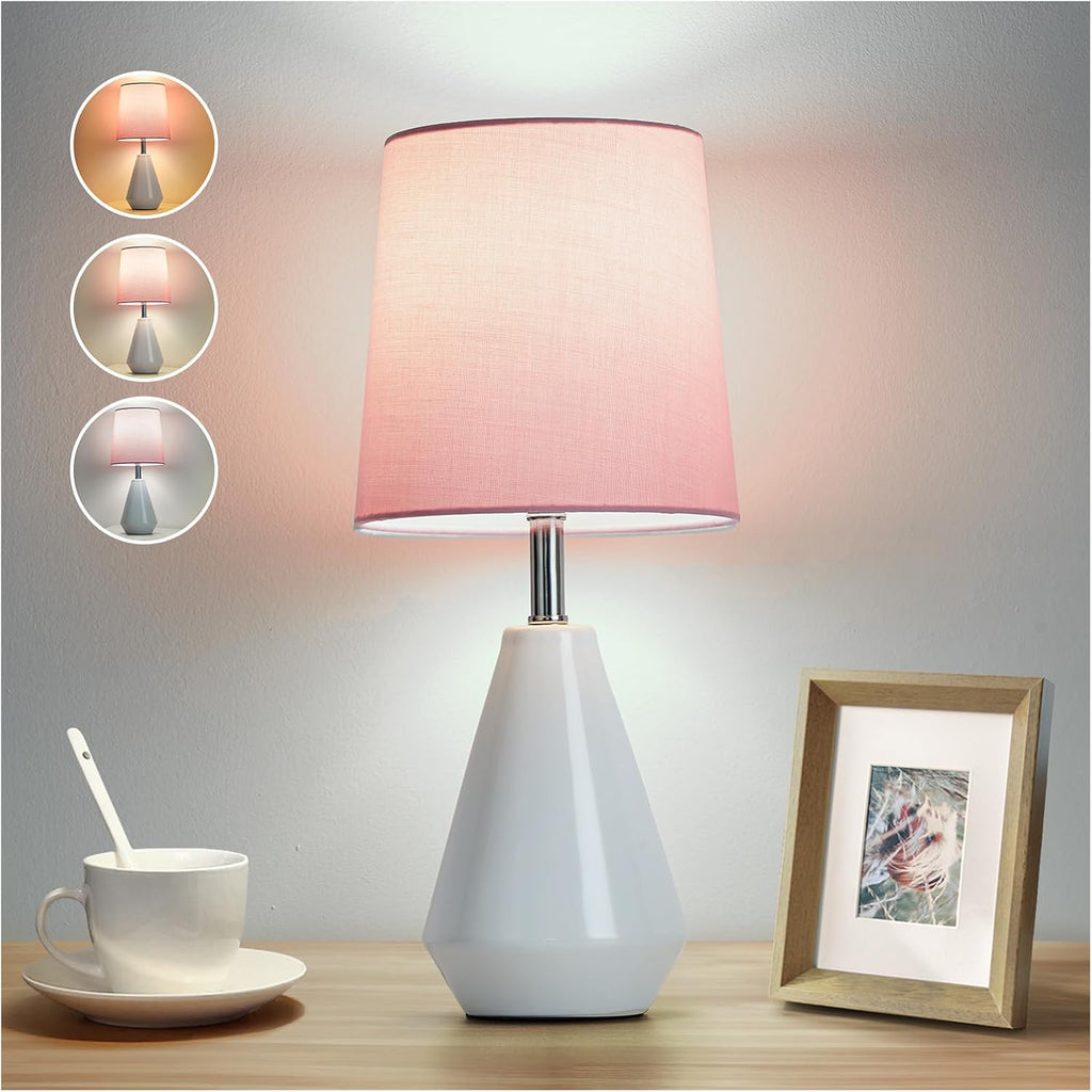 Small Bedside Table Lamp for Bedroom - Reading Desk Lamp with 3 Color Temperatures,15.5" Nightstand Ceramic Lamp with Fabric Shade for…