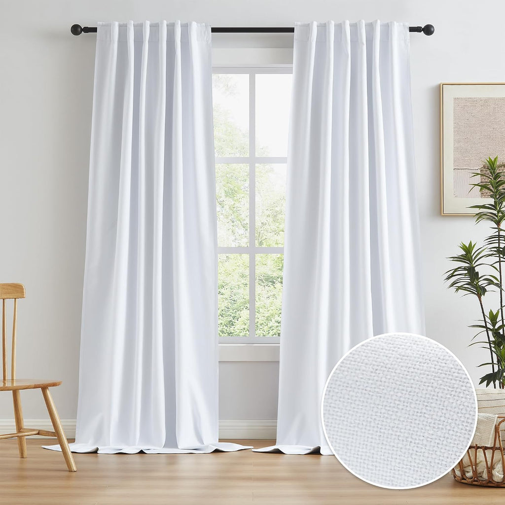 Keqiaosuocai Blackout Extra Long Linen Look Curtain Draperies 126 Inches Long, White Custom Made Thick Drapes Full Shade Linen Curtain Pane…