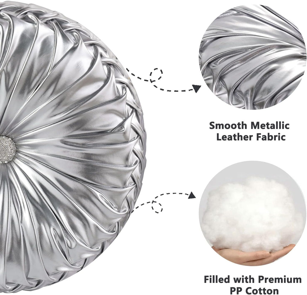 HIG Set of 2 Handcrafted Silver Ruched Round Throw Pillows – 14.5’’ Metallic Leather Decorative Pillows with Soft Polyester Filling for…