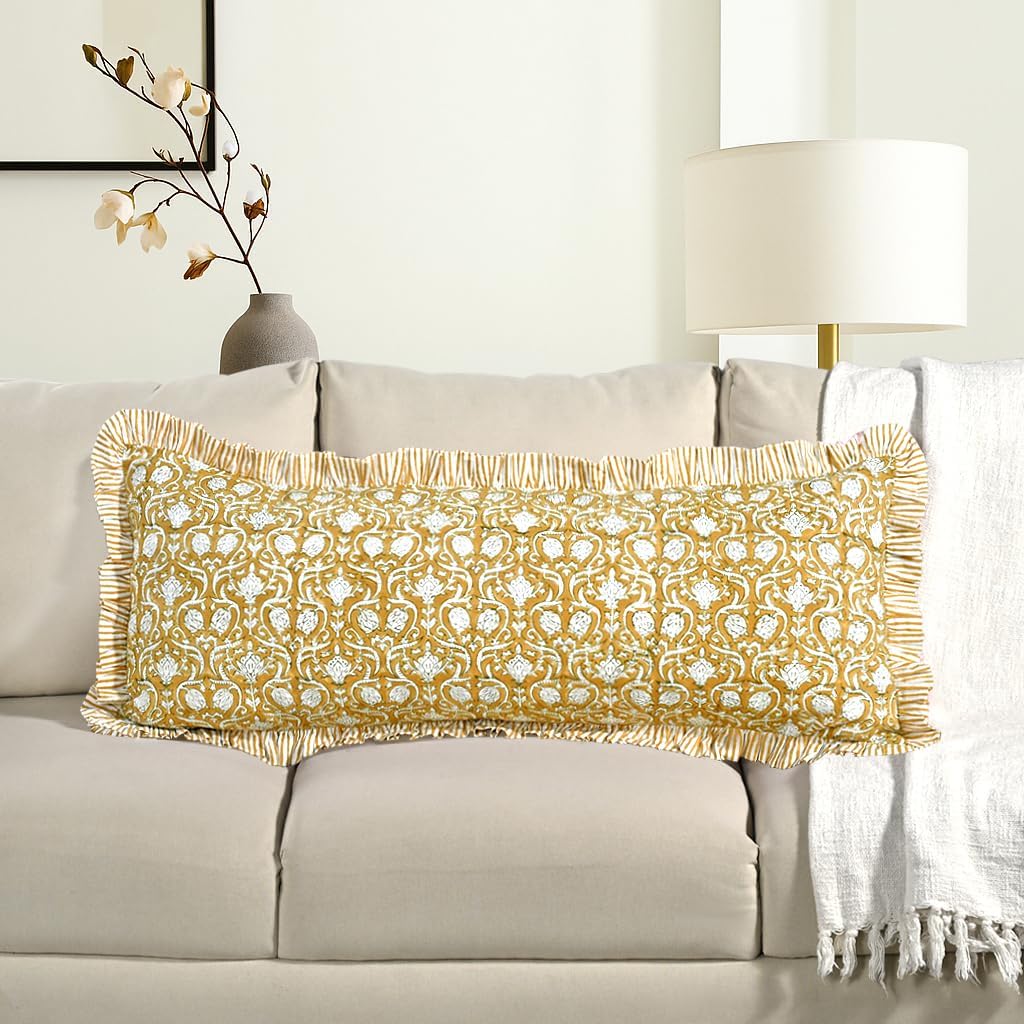 Cottonprintclub CPC Hand Block Print Mustard Regal Ruffle Sham Pillow Cover 36" x 14" inch Hidden Zipper Decorative Pillowcase for Couch, B…