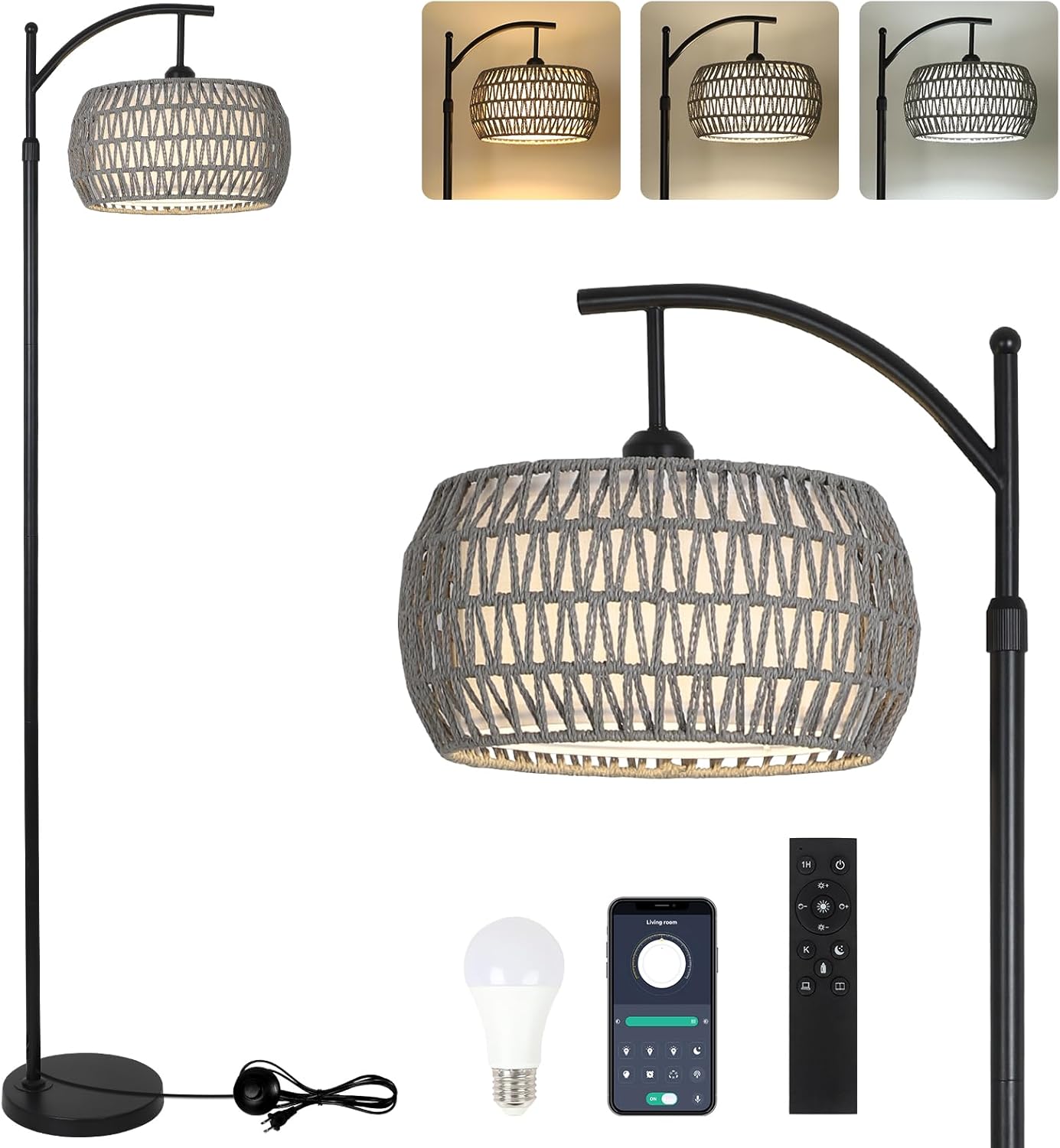 Arc Floor Lamp for Bedroom, Boho Standing Lamp with Remote & LED Smart Bulb, Rattan Floor Lamps for Living Room with 3 Color…