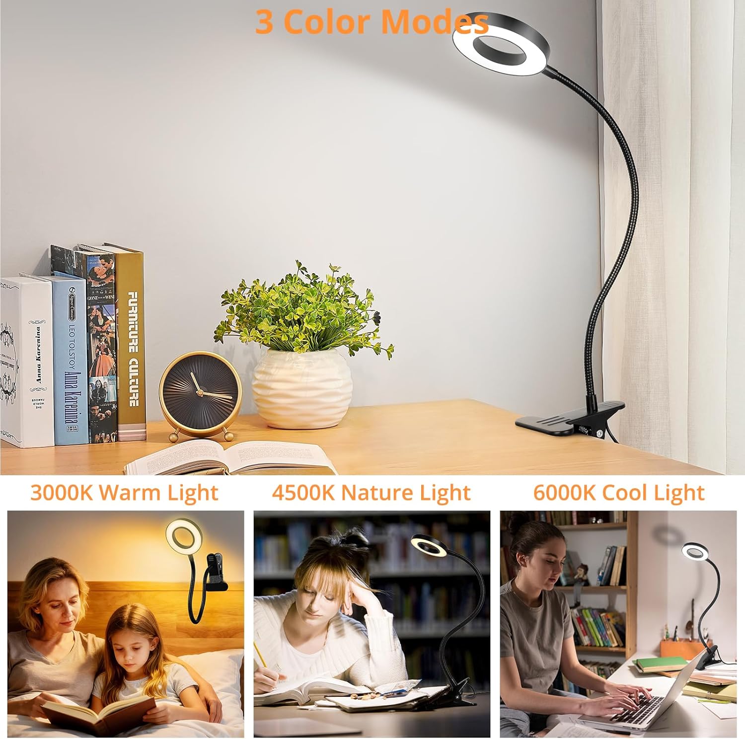 Woputne Desk Lamp Clip Light, 10 Dimmable Brightness 3 Light Modes Reading Light, Clamp Bedside Lamp for Painting, Craft, Study (Black)