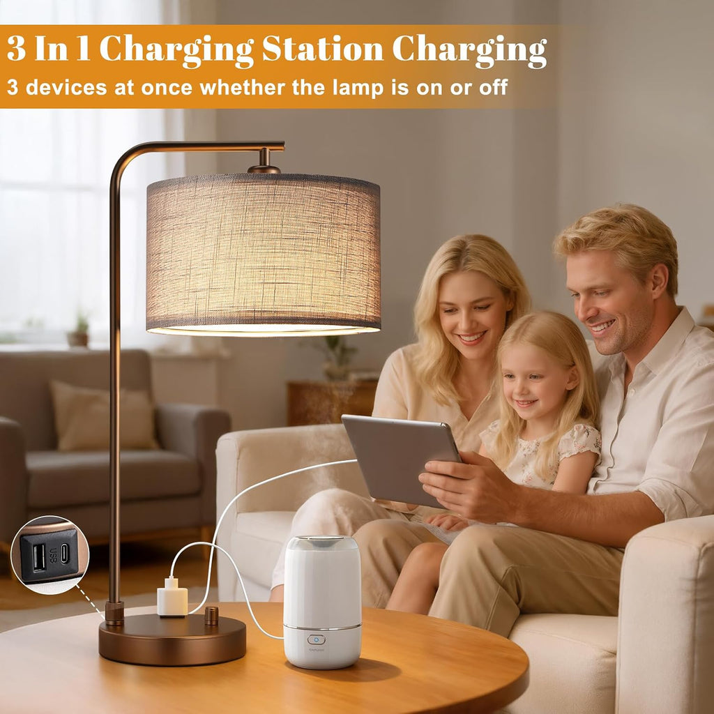 Innqoo Bedside Table Lamps for Bedroom Set of 2-Dimmable Nightstand Lamps with USB Port and Outlet, Modern Brown Lamps with Linen…
