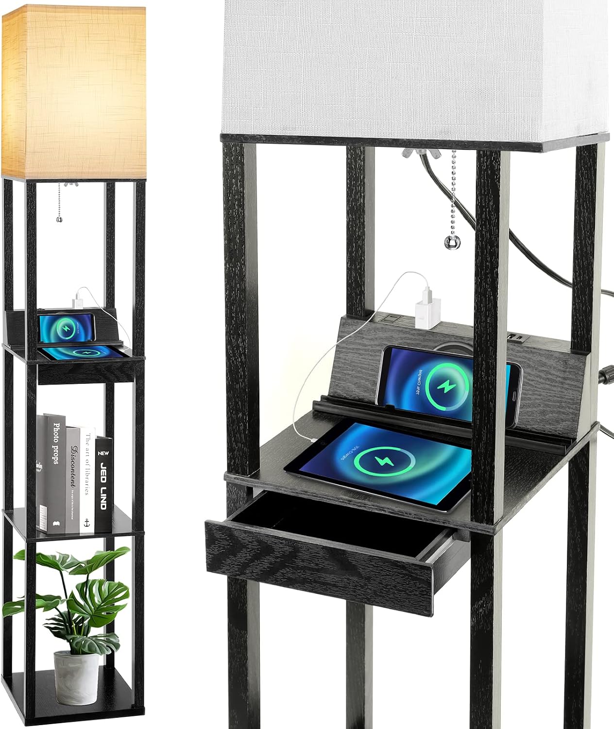 Floor Lamp with Shelves, RUNTOP LED Shelf Floor Lamp with Wireless Charger & 2 Charging USB Ports & Drawer, AC Outlet, 3 Color…