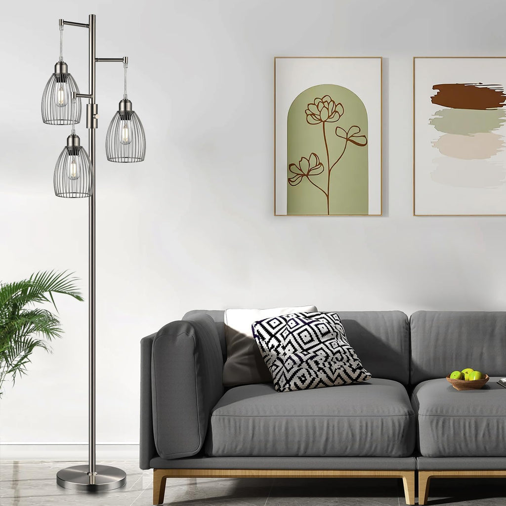 Nintiue Dimmable Floor Lamp, 3 x 800LM LED Edison Bulbs Included, Industrial Floor Lamp Standing Tree Lamp with Elegant Teardrop Cage…