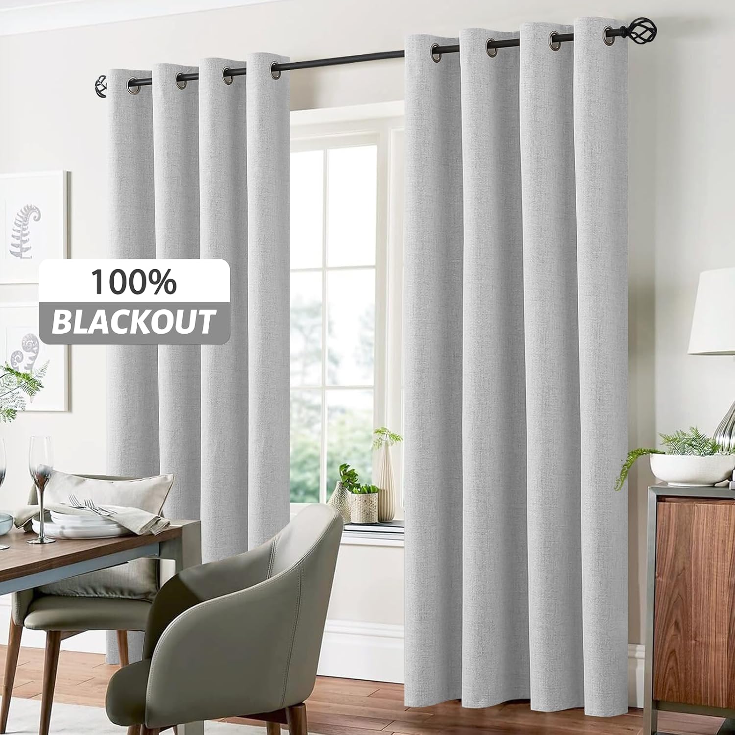 Yakamok White Linen Curtains 100% Blackout 90 Inches Long, Room Darkening Textured Curtains for Living Room Thermal Grommet Bedroom Curtain…