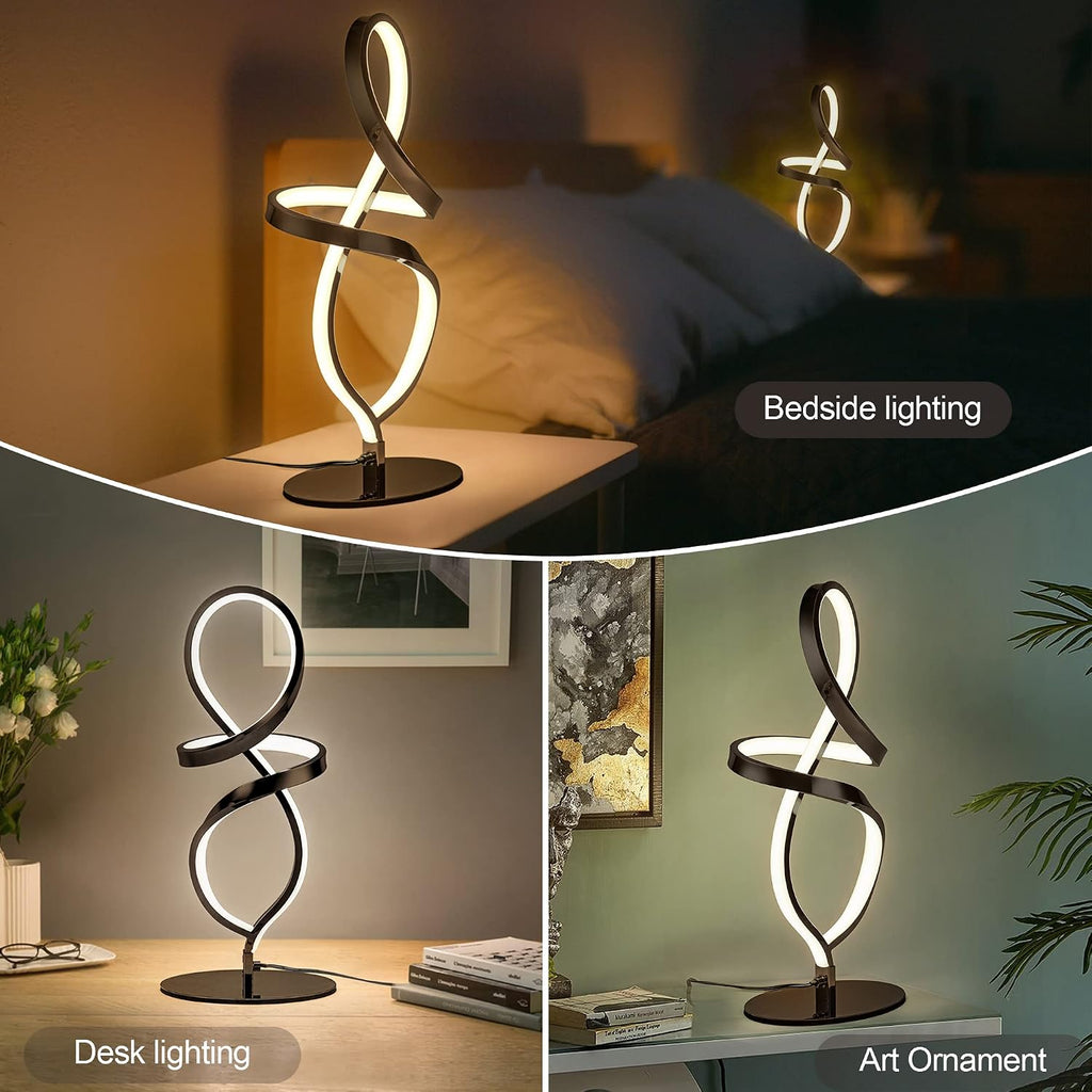Mayful Modern Table Lamp with LED Unique Spiral Design, Small Nightstand Lamp with Stepless Dimming Switch, Black Bedside Lamps for…