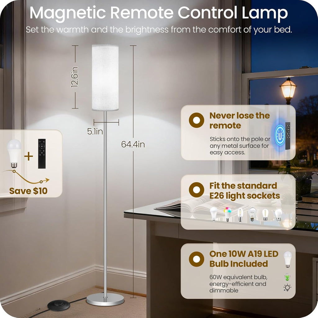 Dimmable Floor Lamps for Living Room with Remote and Foot Switch, 64.4” Modern Standing Tall Lamp, Corner Lamp for Office, Bulb Included…