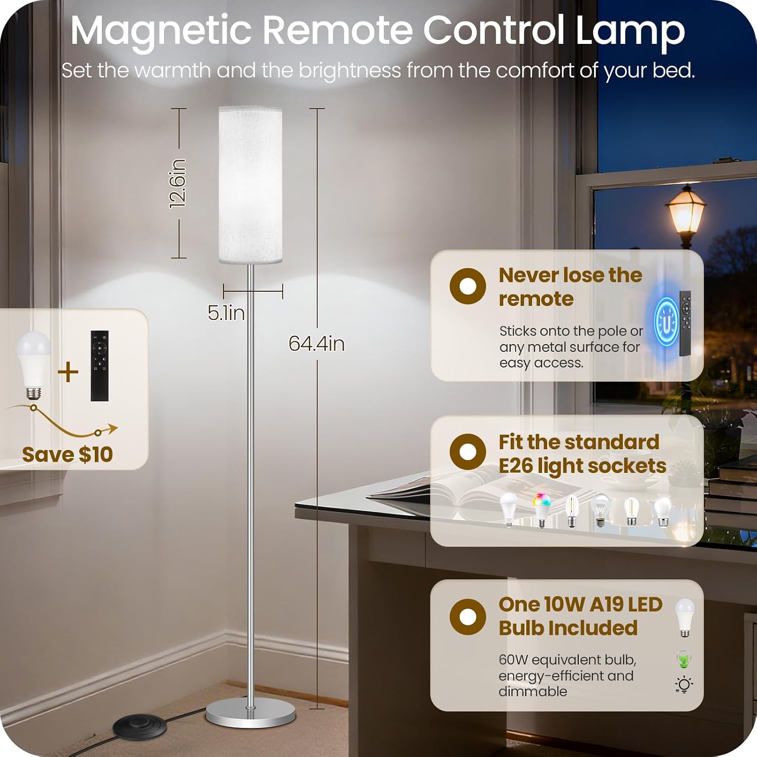 Dimmable Floor Lamps for Living Room with Remote and Foot Switch, 64.4” Modern Standing Tall Lamp, Corner Lamp for Office, Bulb Included…