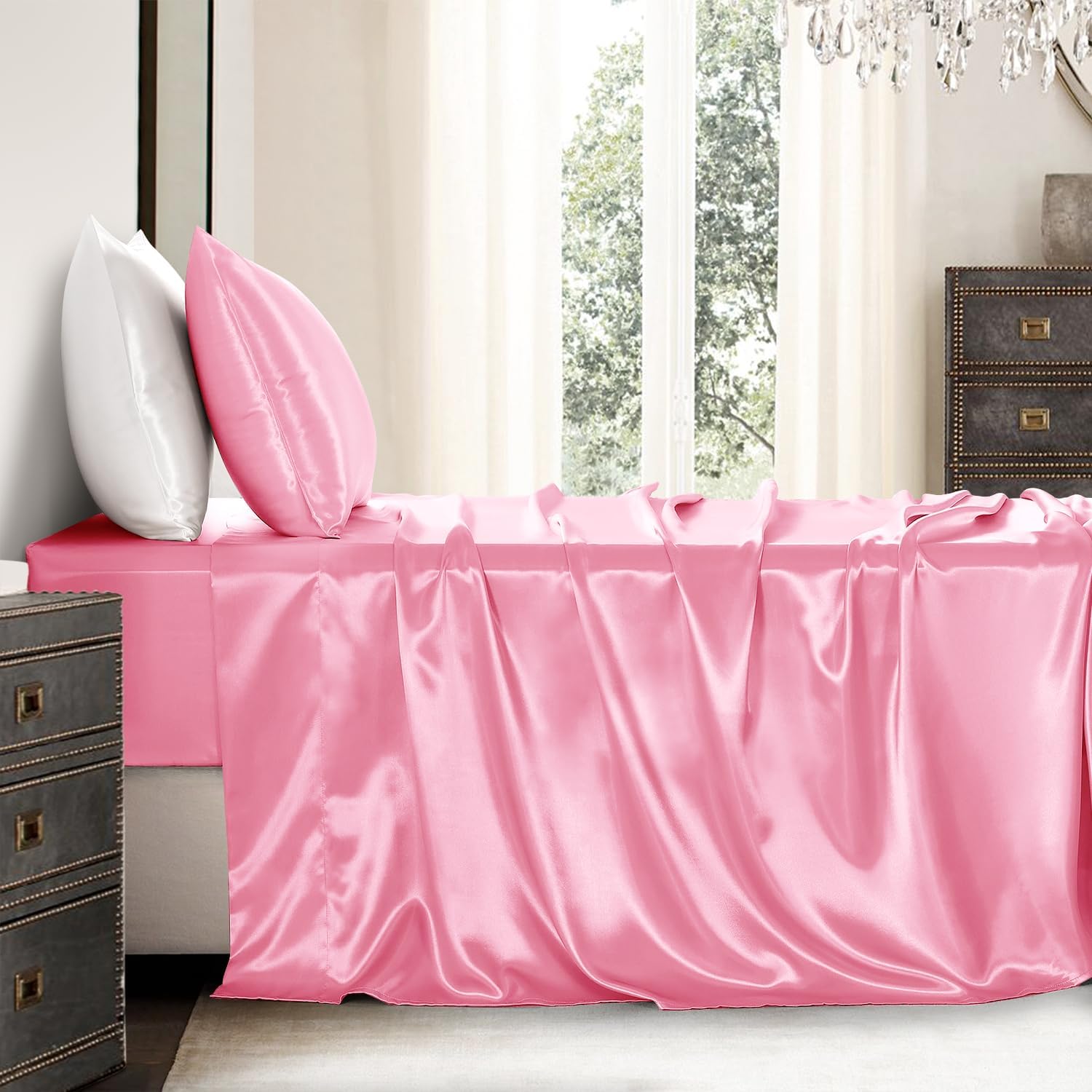 Golal Satin Sheets Twin XL Size - 3 Pieces Luxury Silky Soft Bed Sheets, Wrinkle-Free Light Pink Satin Silk Sheet Set with 1 Deep Pocket Fi…