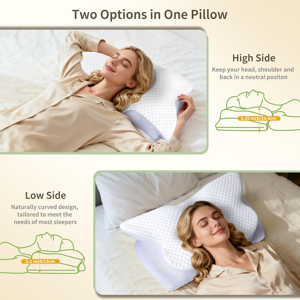 Roowana Cervical Neck Pillow for Neck Pain, Memory Foam Orthopedic Pillow with Contoured Design, Neck Support Pillows with Two Height Optio…
