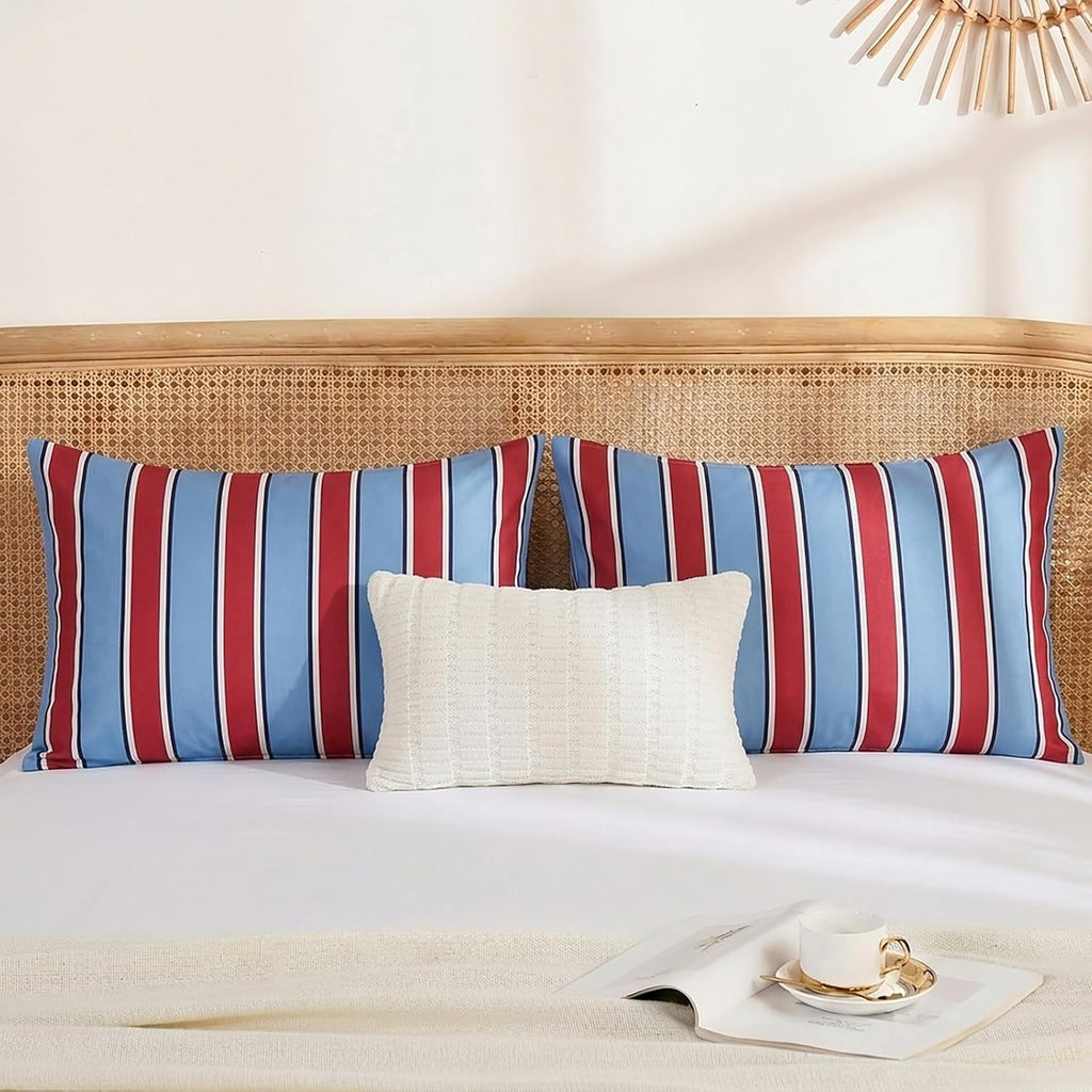 Merryword Burgundy and Blue Striped Pillowcases, 100% Cotton Pillow Cases, Queen Size Pillowcases, Luxury Linen Like Pillowcase, Soft Breat…