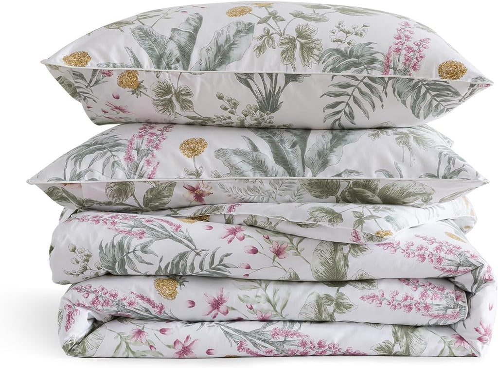 Puralens Tropical Pink Floral Percale Duvet Cover, King Green Palm Leaf Reversible Zipper Duvet Cover Set, Daisy Patterned 100% Cotton Soft…