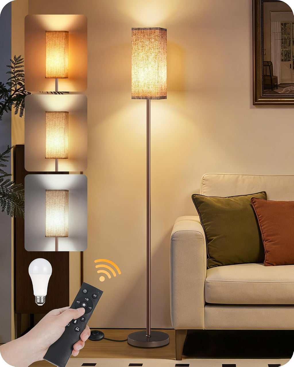 64.2'' Dimmable Floor Lamp for Living Room with Remote and Foot Switch, Corner Floor Lamp for Bedroom, Includes 10W A19 Bulb, Modern…