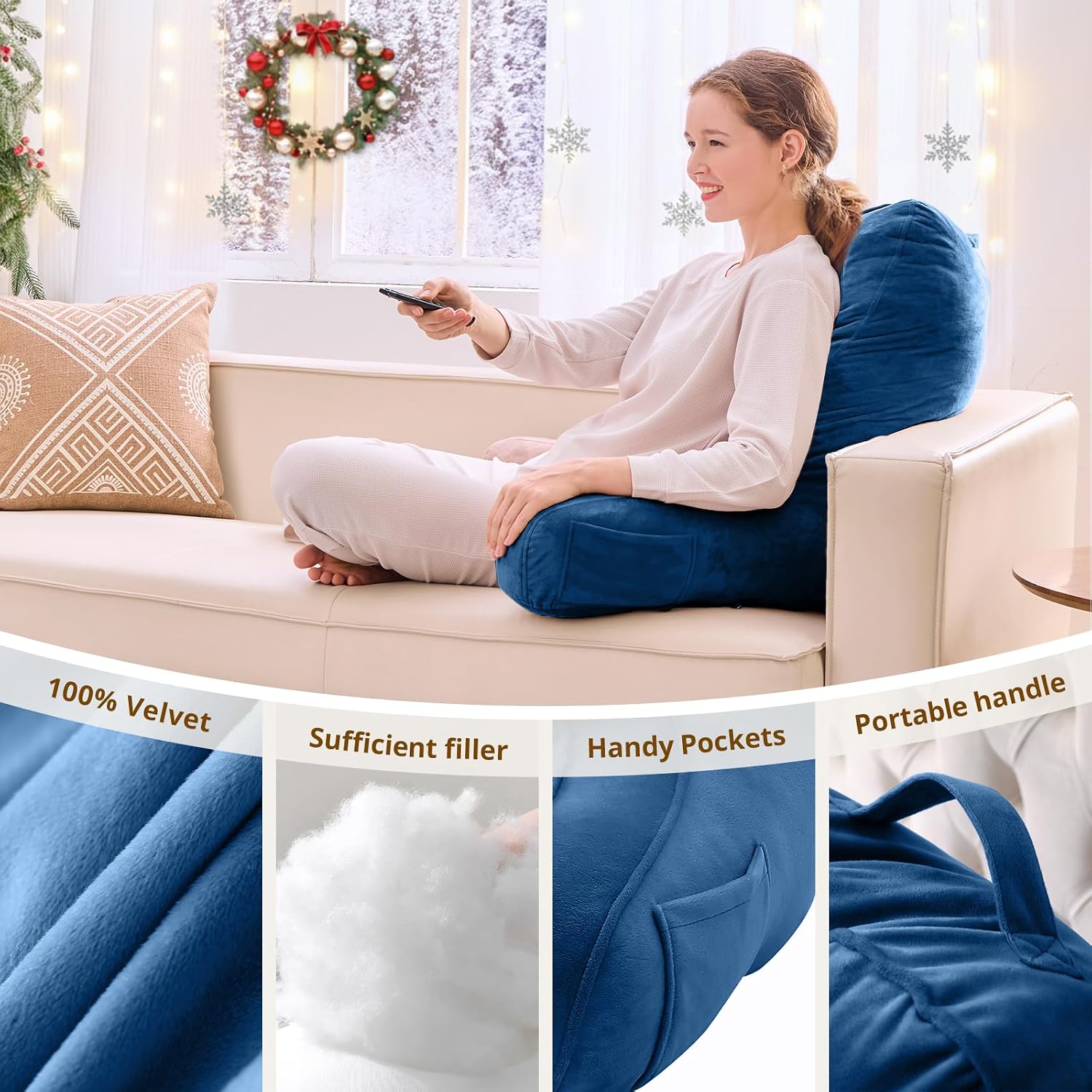 Sasttie Reading Pillow, Pillows for Reading or Relaxing – Ergonomic Support for Head, Neck, Back, and Lumbar, 23-Inch, Navy Blue Blue