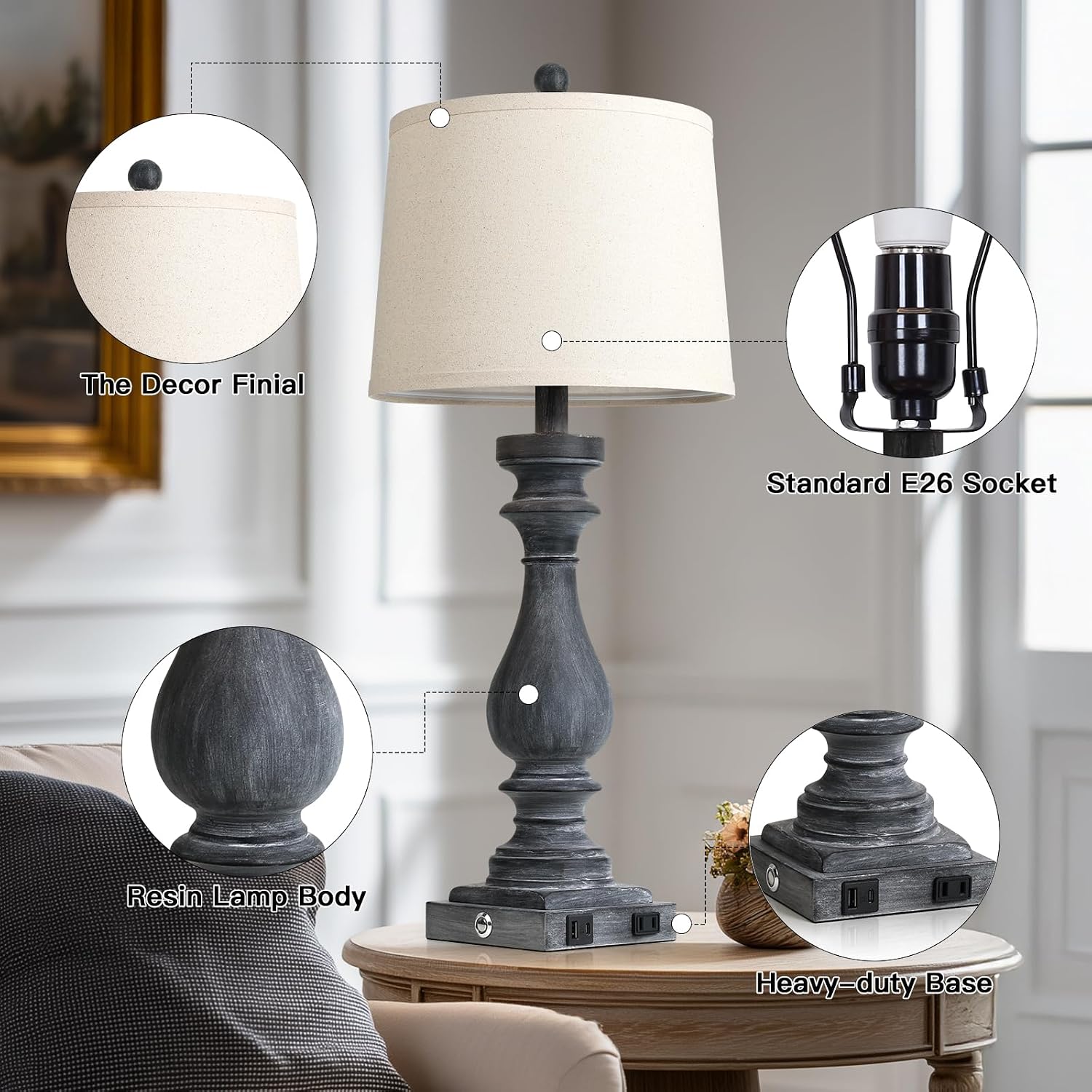 Cinkeda 29" Tall Farmhouse Table Lamp for Living Room Set of 2, Vintage Retro Nightstand Lamps with USB C+A Ports & AC Outlet,3-Way…