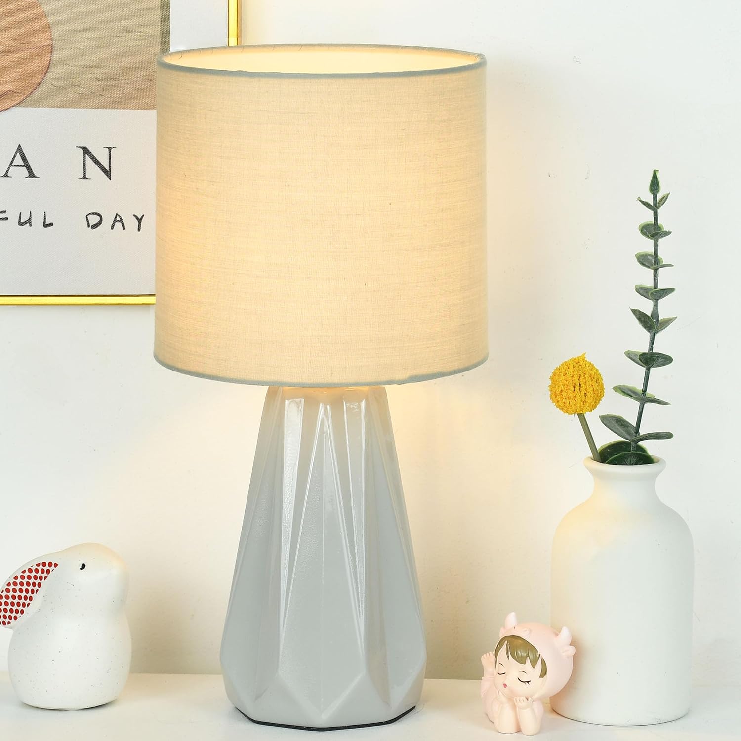 Elisa Light Grey Small Table Lamp for Living Room as Bedside Table Lamp for Bedroom, Modern Ceramic Kids Night Table…