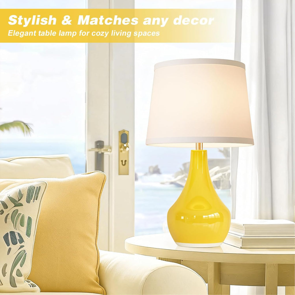 Seealle Modern Ceramic Table Lamps for Night Stands - Bedside Lamps Set of 2 for Nightstand, Yellow Bedroom Lamp for Living Room Cute Desk…